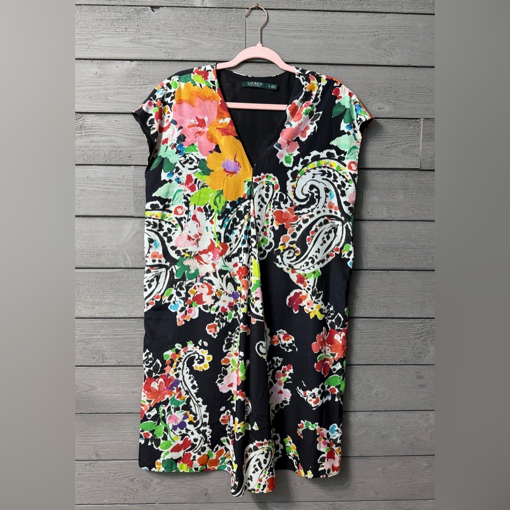 Ralph Lauren Black Vibrant Floral Paisley Shift Dress Sz 8 Summer Resort Party